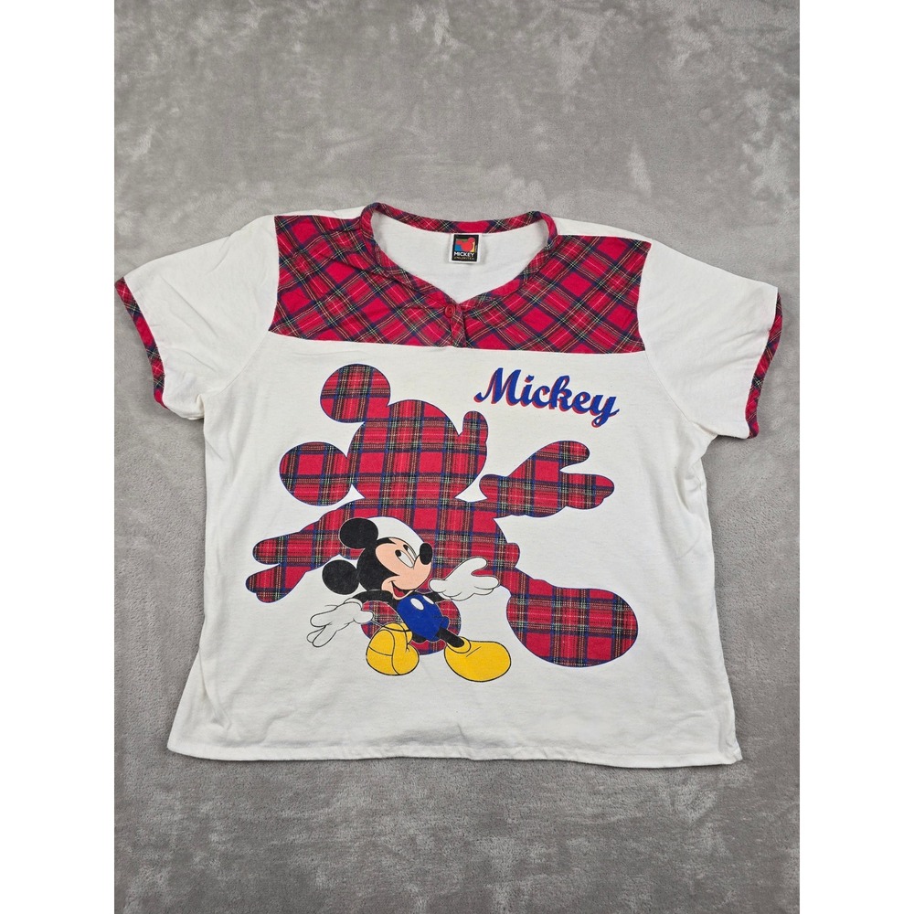Vintage Mickey Unlimited T-Shirt Womens Large White Red Plaid Mickey Mouse Stain